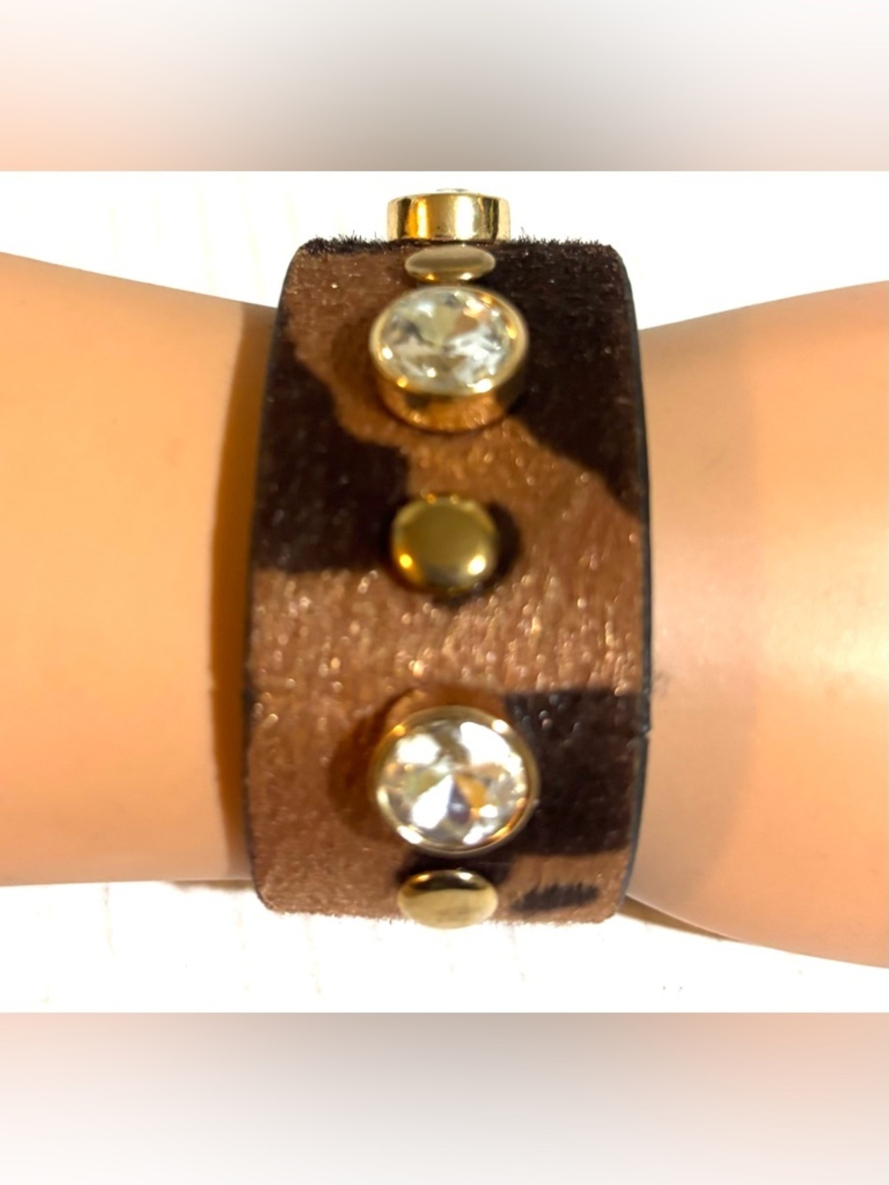 Brown Suede Crystal Stud Wide Cuff Bracelet - Women Jewelry